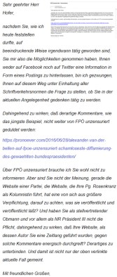 Norbert Hofer - Schreiben 29-06-2016 betreffend FPÖ unzensuriert